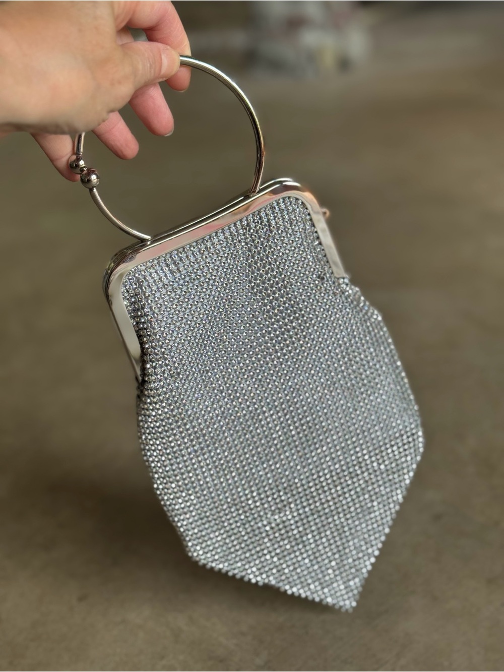 Silver Crystal Mesh Evening Handbag with Metal Ring Handle (See Description)